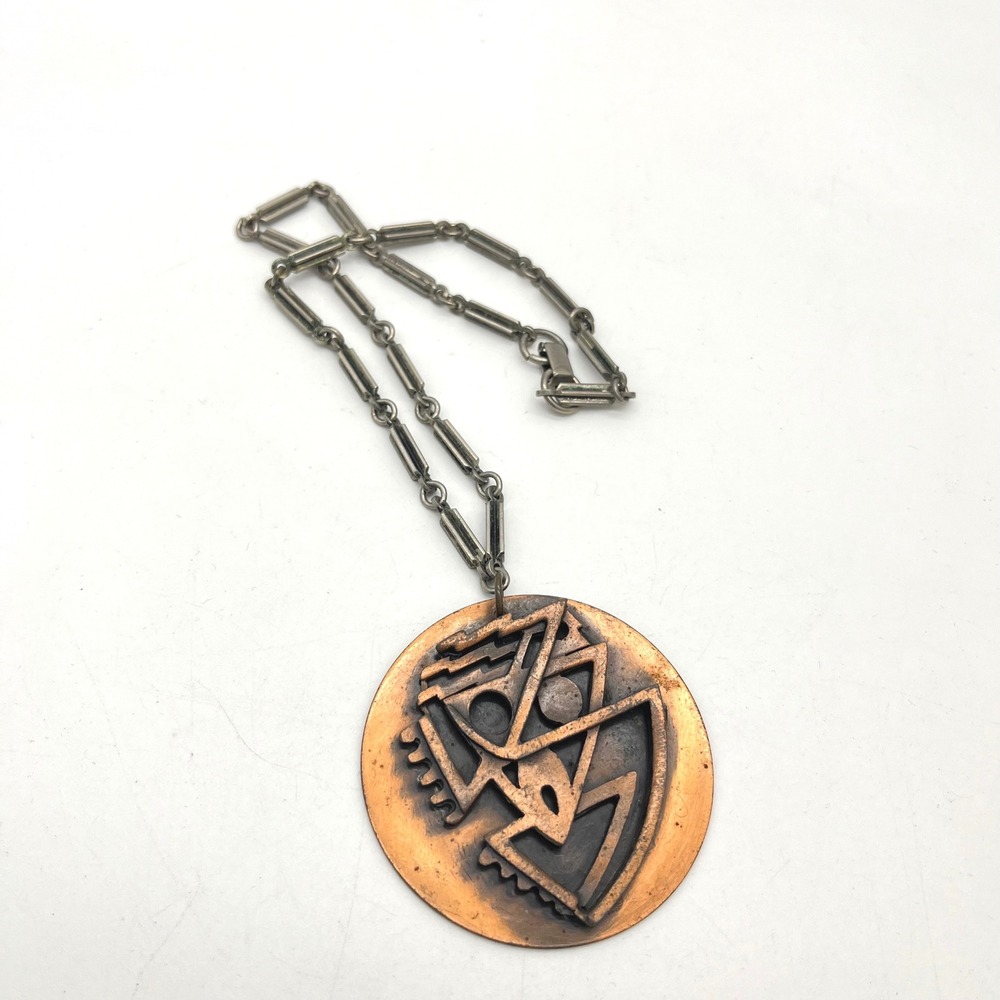Vintage Brutalist Copper Pendant Necklace Geometric Abstract Mixed Metal MCM